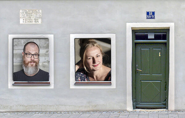 Bild vergrößern: Collage mit den Porträts von Olaf Danner und Margarete Gilgenreiner in den Fenstern des Marieluise-Fleißer-Hauses