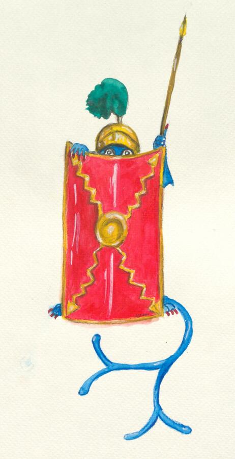 Bild vergrößern: Zeichnung des blauen Drachen Schanzi, der sich hinter einem roten Schild versteckt