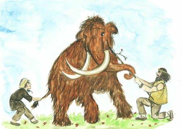 Bild vergrößern: Zeichnung von Jägern, die ein Mammut fangen