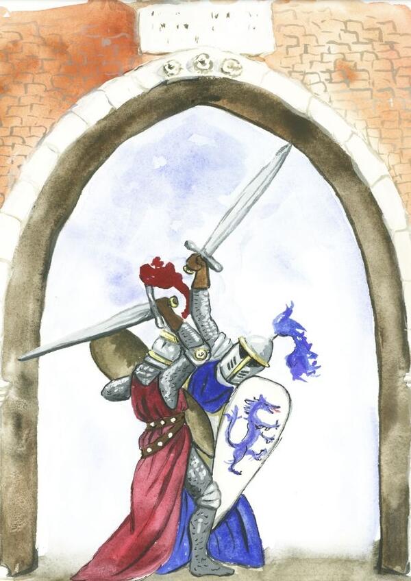 Bild vergrößern: Zeichnung zweier kämpfender Ritter in einem Torbogen