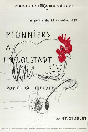 Bild vergrößern: Plakat mit abgebildetem Hahn "Pionniers a Ingolstadt Marieluise Fleisser"