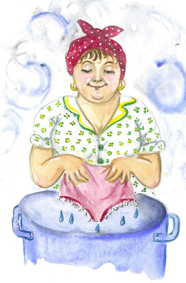 Bild vergrößern: Zeichnung einer Frau, die eine Unterhose in einem Topf wäscht