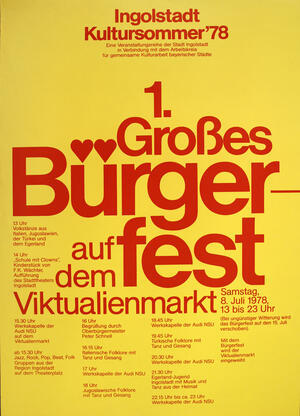 Bild vergrößern: Plakat 1. des Großen Bürgerfestes auf dem Viktualienmarkt 1978 in gelb mit roter Schrift